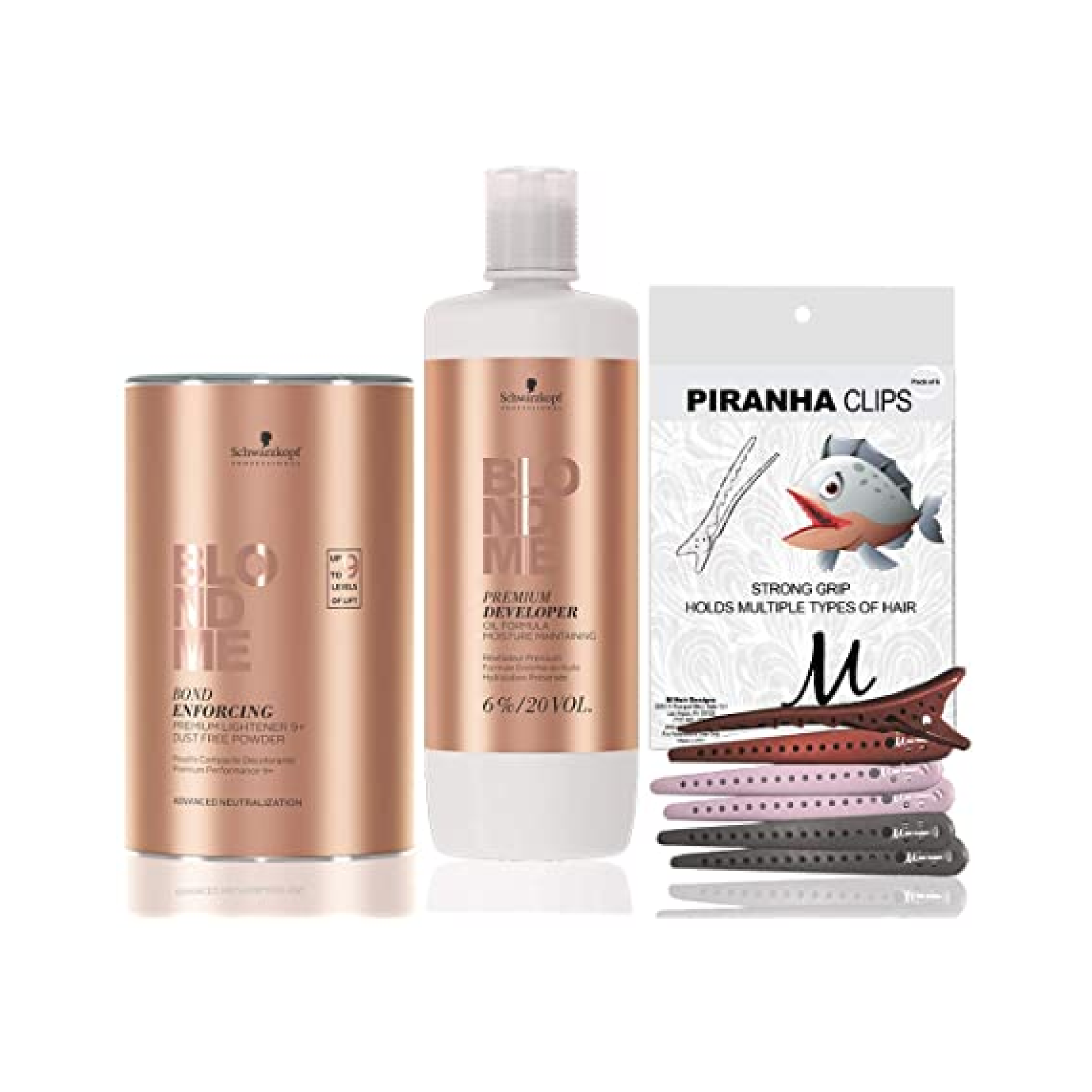 BlondMe Clay Lightener 7+ Bond Enforcing White Dust-Reduced Powder 350 grams, Schwarzkopf BlondMe Developer 6% / 20 Volume 1 Liter, M Hair Designs Piranha Clips (Bundle - 3 items)